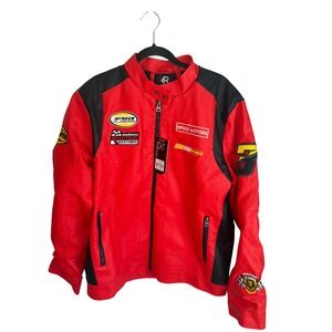 Refinery Republic Mens Red Black Faux Leather Racing Jacket Faux Fur Lined